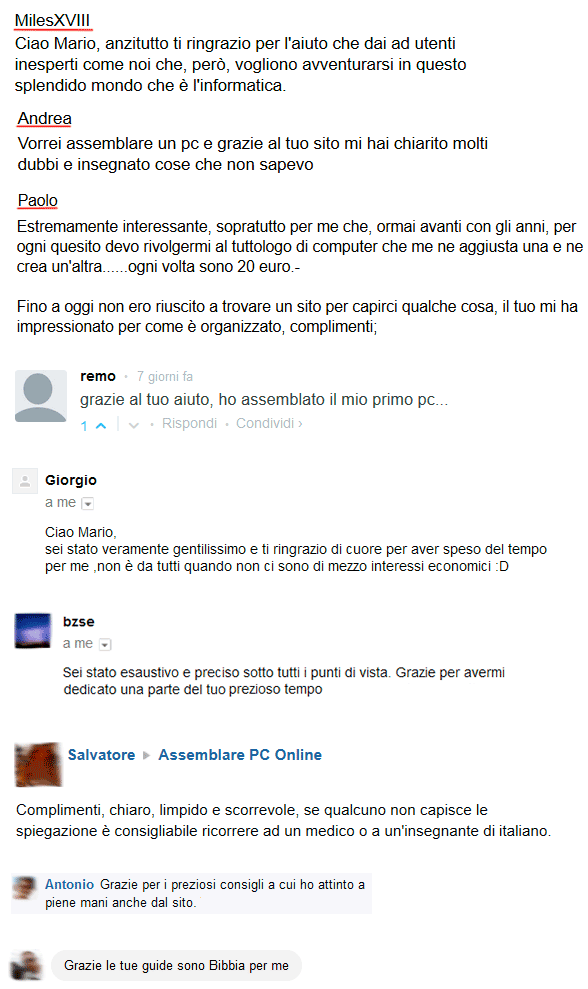 Testimonianze e commenti delle persone che hanno assemblato un PC