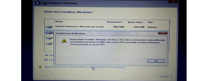 impossibile installare windows