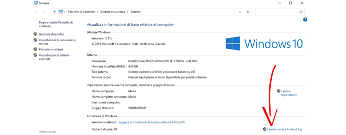 cambiare product key windows